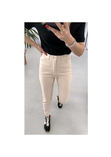 Lora Super Bej Mom Boyfriend Kot Pantolon Yüksek Bel Esnek 2024