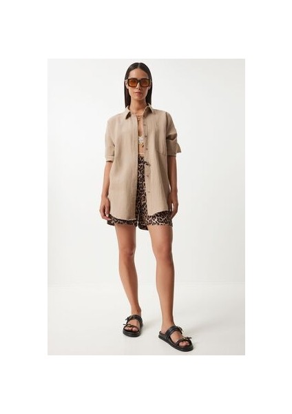Oversize Basic Müslin Gömlek Bej modelleri