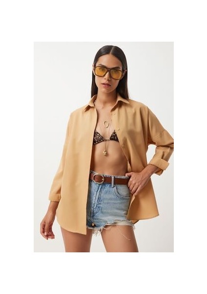Oversize Basic Gömlek Camel