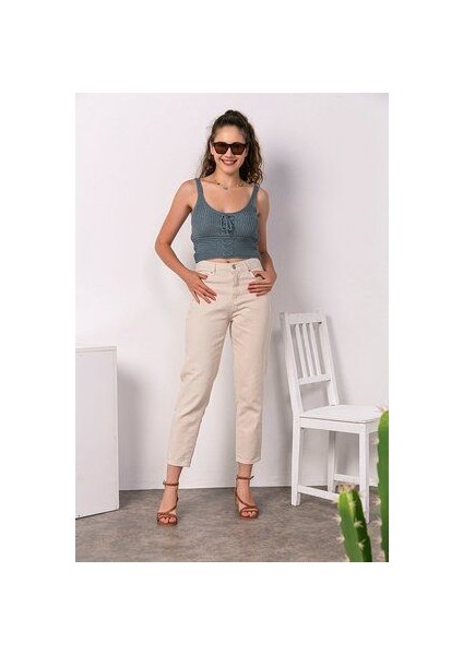 Dora Yüksek Bel Likralı Bej Mom Jeans Esnek Kot Pantolon 2024