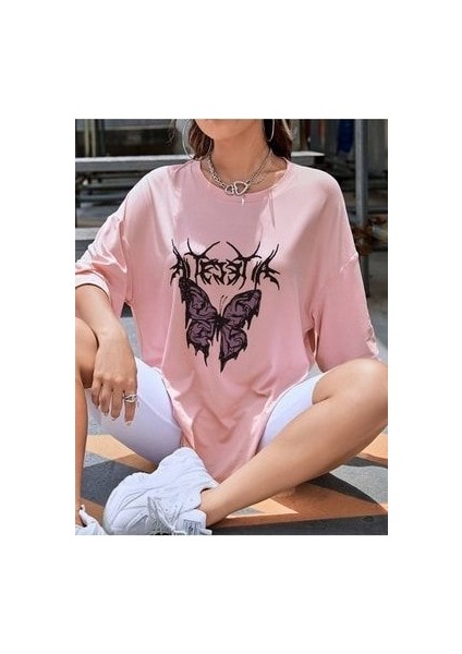 Bad Butterfly Baskılı Oversize T-Shirt Salaş Boyfirend