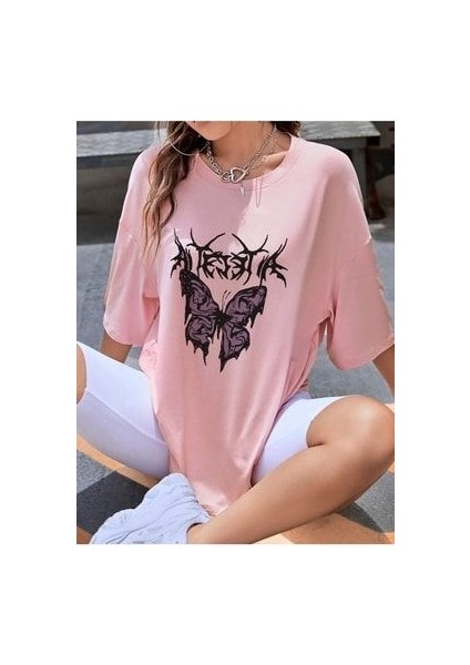 Bad Butterfly Baskılı Oversize T-Shirt Salaş Boyfirend