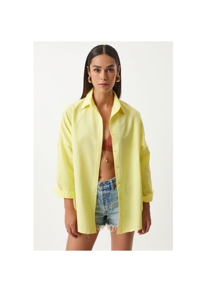 Oversize Basic Gömlek Açık Sarı