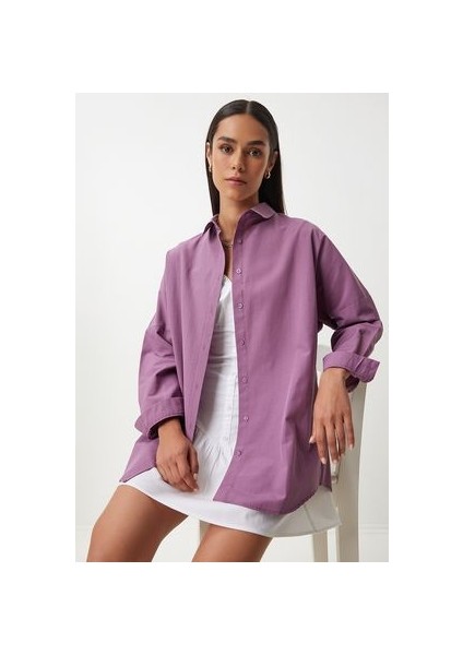 Oversize Basic Gömlek Koyu Lila