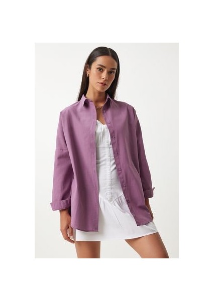 Oversize Basic Gömlek Koyu Lila