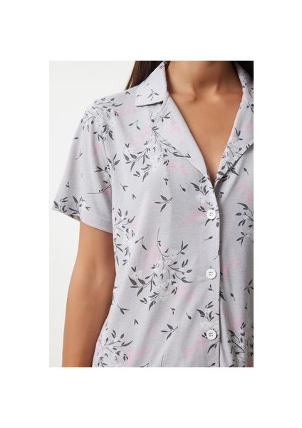 Desenli Viskon Şort Gömlek Pijama Takımı Gri