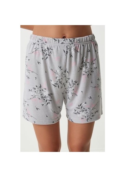Desenli Viskon Şort Gömlek Pijama Takımı Gri