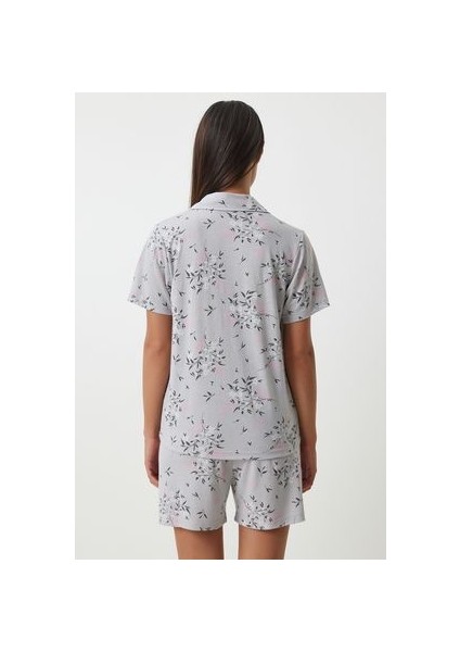 Desenli Viskon Şort Gömlek Pijama Takımı Gri
