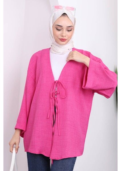 Pembe Ön Bağlamalı Keten Kimono