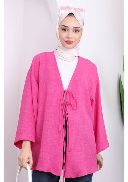 Pembe Ön Bağlamalı Keten Kimono