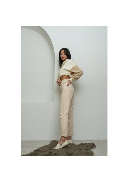 Vit Bej Mom Jeans Likralı Yüksek Bel Bej Mom Kot Pantolon 2024 fiyatları