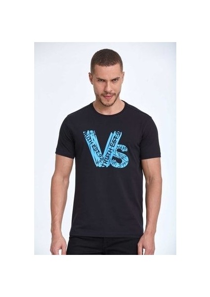 Vs Baskılı Pamuklu Bisiklet Yaka Tişört Lacivert