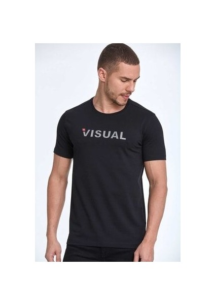 Visual Baskılı Pamuklu Bisiklet Yaka Tişört Lacivert