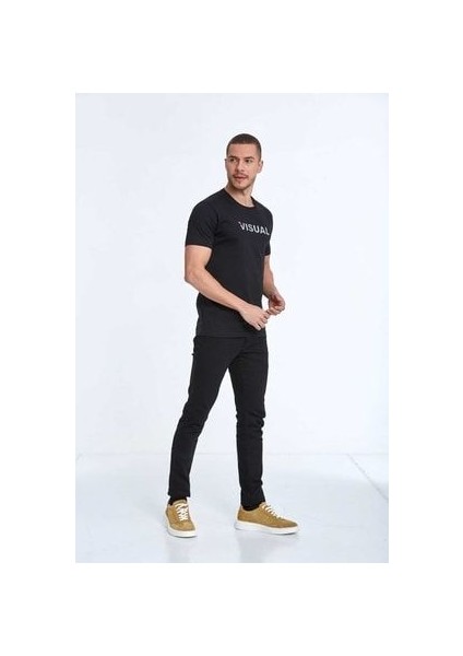 Visual Baskılı Pamuklu Bisiklet Yaka Tişört Lacivert