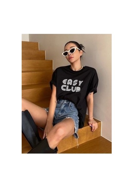 Siyah Oversize T-Shirt Easy Club Baskılı