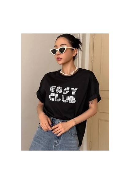 Siyah Oversize T-Shirt Easy Club Baskılı modelleri