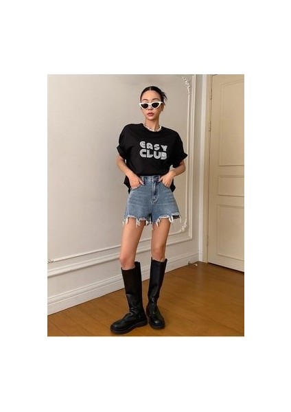 Siyah Oversize T-Shirt Easy Club Baskılı indirimleri