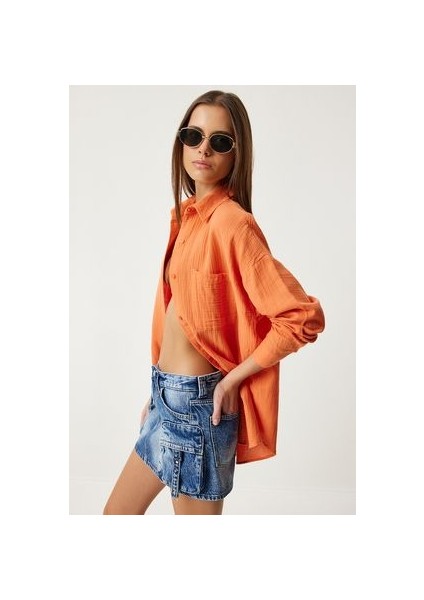 Oversize Basic Müslin Gömlek Oranj