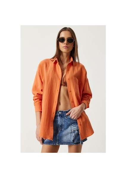 Oversize Basic Müslin Gömlek Oranj