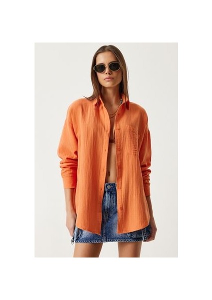 Oversize Basic Müslin Gömlek Oranj