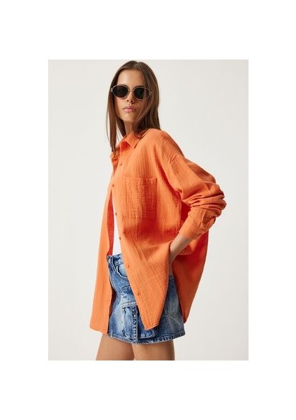 Oversize Basic Müslin Gömlek Oranj
