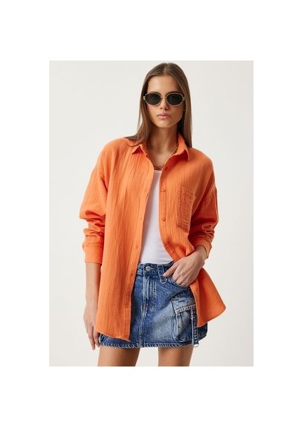Oversize Basic Müslin Gömlek Oranj