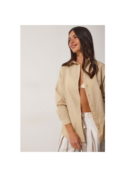 Oversize Basic Gömlek Koyu Krem