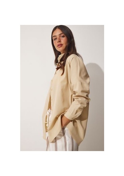 Oversize Basic Gömlek Koyu Krem