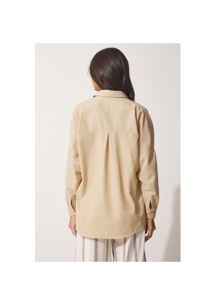 Oversize Basic Gömlek Koyu Krem