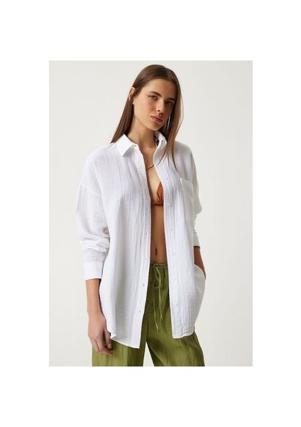 Oversize Basic Müslin Gömlek Beyaz