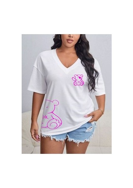 V Yaka Baskılı & Düz Beyaz Oversize T-Shirt Salaş Boyfirend