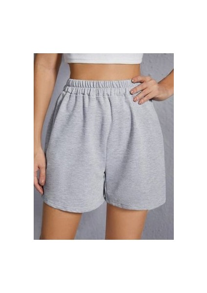 Penye Şort - Gri Basic Kısa Baskısız Kordonsuz