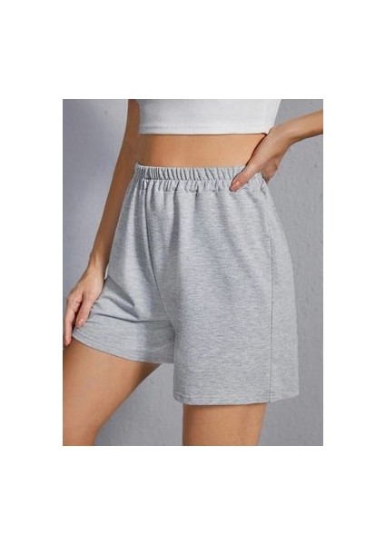 Penye Şort - Gri Basic Kısa Baskısız Kordonsuz modelleri