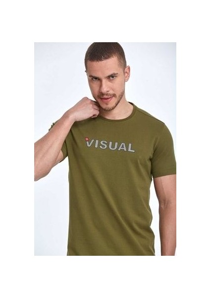 Visual Baskılı Pamuklu Bisiklet Yaka Tişört Haki
