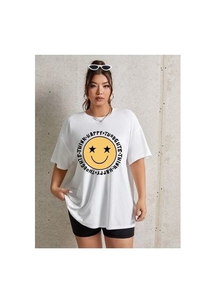 Think Happy Baskılı Beyaz Oversize T-Shirt Salaş Boyfirend
