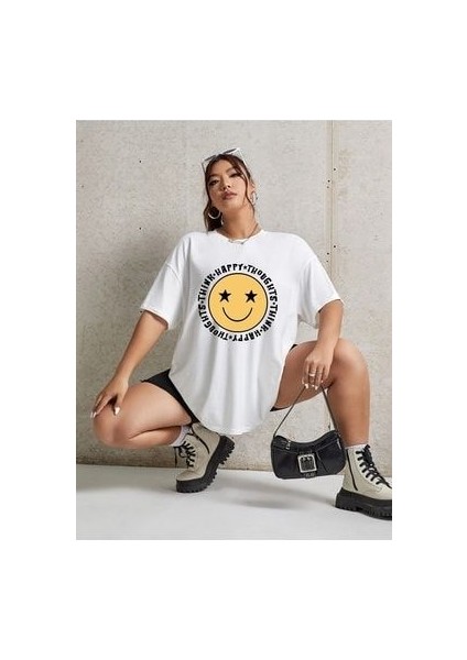 Think Happy Baskılı Beyaz Oversize T-Shirt Salaş Boyfirend