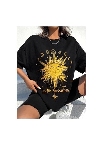 Sunshine Baskılı Siyah Oversize T-Shirt Salaş Boyfirend