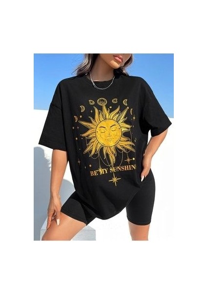 Sunshine Baskılı Siyah Oversize T-Shirt Salaş Boyfirend