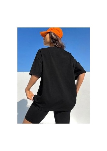 Sunshine Baskılı Siyah Oversize T-Shirt Salaş Boyfirend