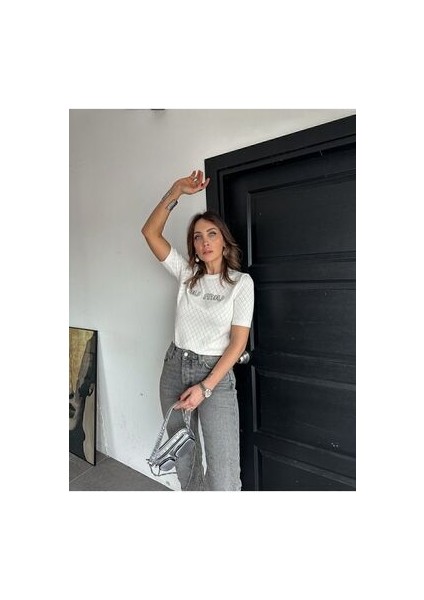 Miu Miu Beyaz Inci Yazılı Bluz
