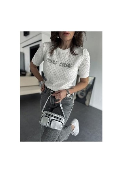 Miu Miu Beyaz Inci Yazılı Bluz