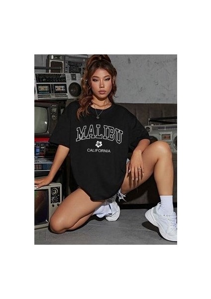 Malıbu Baskılı Siyah Oversize T-Shirt Salaş Boyfirend
