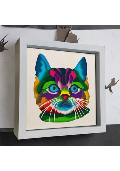 3D Lazer Kesim Mukkava Renkli Kedi Desenli Duvar Dekoru - 30X30 cm Çerçeveli