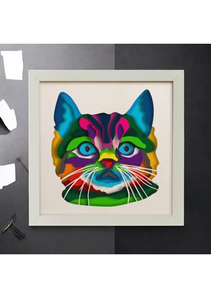 3D Lazer Kesim Mukkava Renkli Kedi Desenli Duvar Dekoru - 30X30 cm Çerçeveli