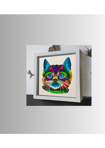 3D Lazer Kesim Mukkava Renkli Kedi Desenli Duvar Dekoru - 30X30 cm Çerçeveli