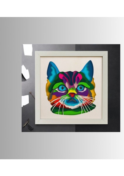 3D Lazer Kesim Mukkava Renkli Kedi Desenli Duvar Dekoru - 30X30 cm Çerçeveli