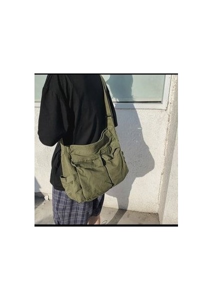 Harajuku Vintage Unisex Kargo Cep Iç Hacmi Geniş Haki Yeşil Postacı Çanta