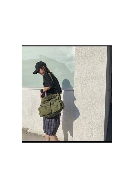 Harajuku Vintage Unisex Kargo Cep Iç Hacmi Geniş Haki Yeşil Postacı Çanta indirimleri