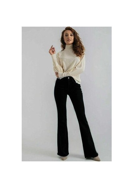 Vanessa Yüksek Bel Likralı Simsiyah Ispanyol Flare Jeans Pantolon