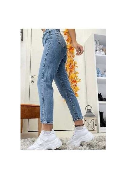 Akordion Yüksek Bel Likralı Mom Jeans Dar Paça Kot Pantolon